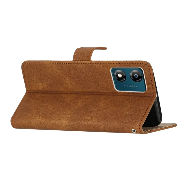 Для Motorola Moto E13 4G Imprinted Lines Crazy Horse Texture Phone Case PU Leather Wallet Stand Smartphone Cover with Strap - Brown