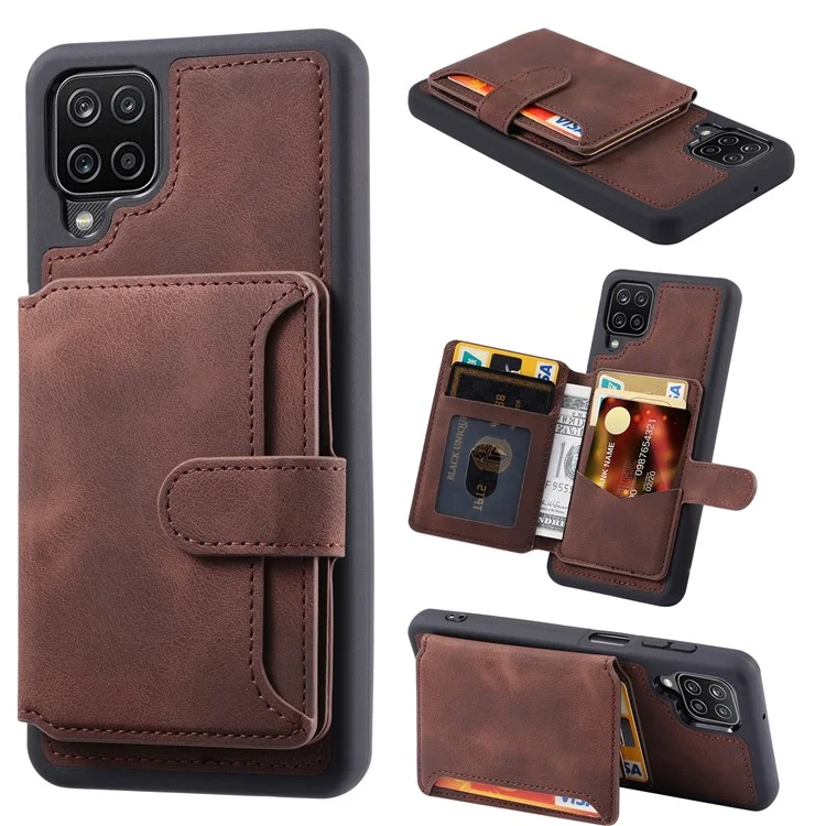 Pour Samsung Galaxy A12 / M12 RFID Blocking Phone Case Leather Coated TPU Cover with Kickstand Wallet - Coffee