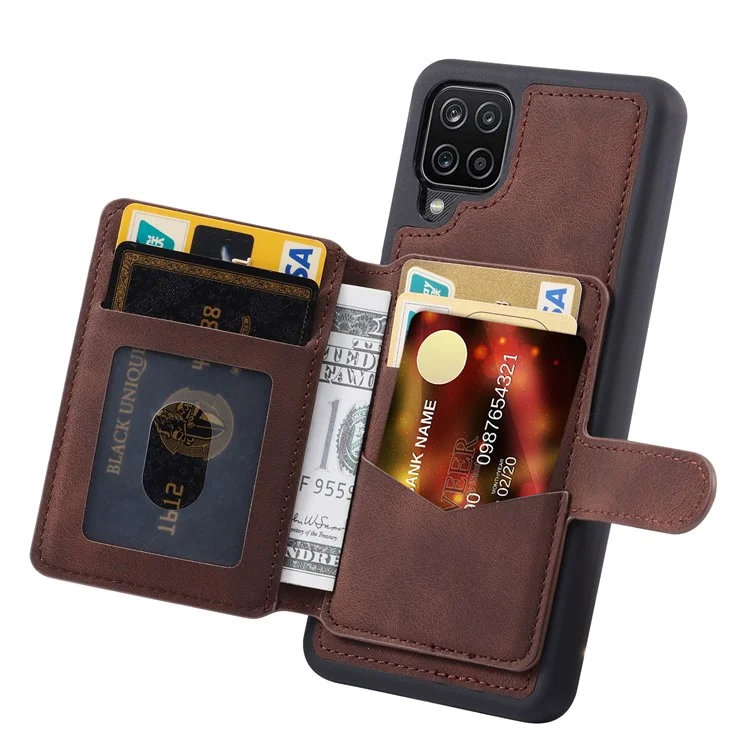 Pour Samsung Galaxy A12 / M12 RFID Blocking Phone Case Leather Coated TPU Cover with Kickstand Wallet - Coffee