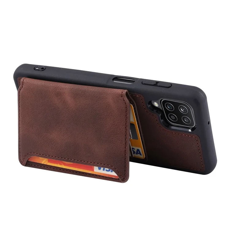 Pour Samsung Galaxy A12 / M12 RFID Blocking Phone Case Leather Coated TPU Cover with Kickstand Wallet - Coffee