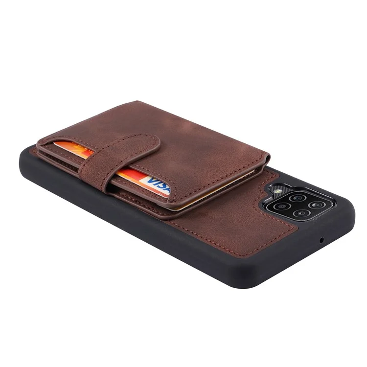 Pour Samsung Galaxy A12 / M12 RFID Blocking Phone Case Leather Coated TPU Cover with Kickstand Wallet - Coffee