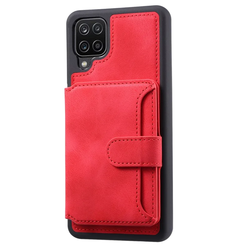 For Samsung Galaxy A12 / M12 RFID Blocking Phone Case Leather Coated TPU Cover with Kickstand Wallet - Red