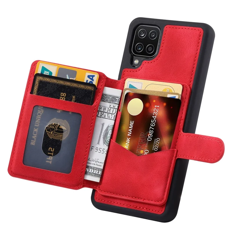 For Samsung Galaxy A12 / M12 RFID Blocking Phone Case Leather Coated TPU Cover with Kickstand Wallet - Red