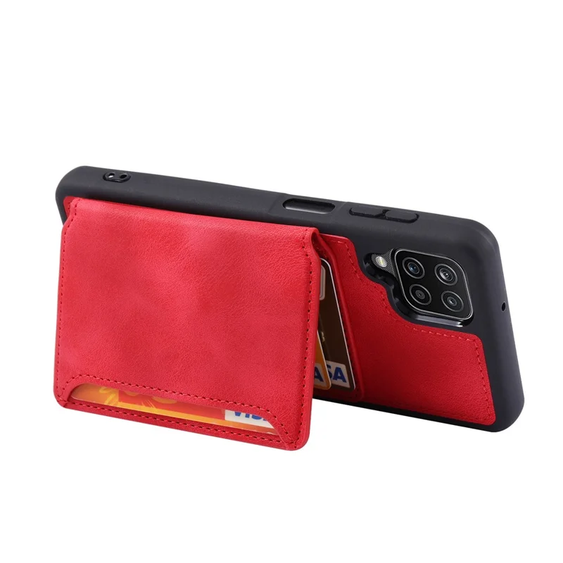 For Samsung Galaxy A12 / M12 RFID Blocking Phone Case Leather Coated TPU Cover with Kickstand Wallet - Red