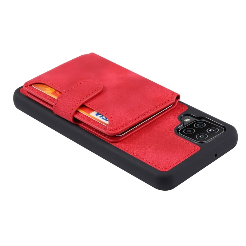 For Samsung Galaxy A12 / M12 RFID Blocking Phone Case Leather Coated TPU Cover with Kickstand Wallet - Red