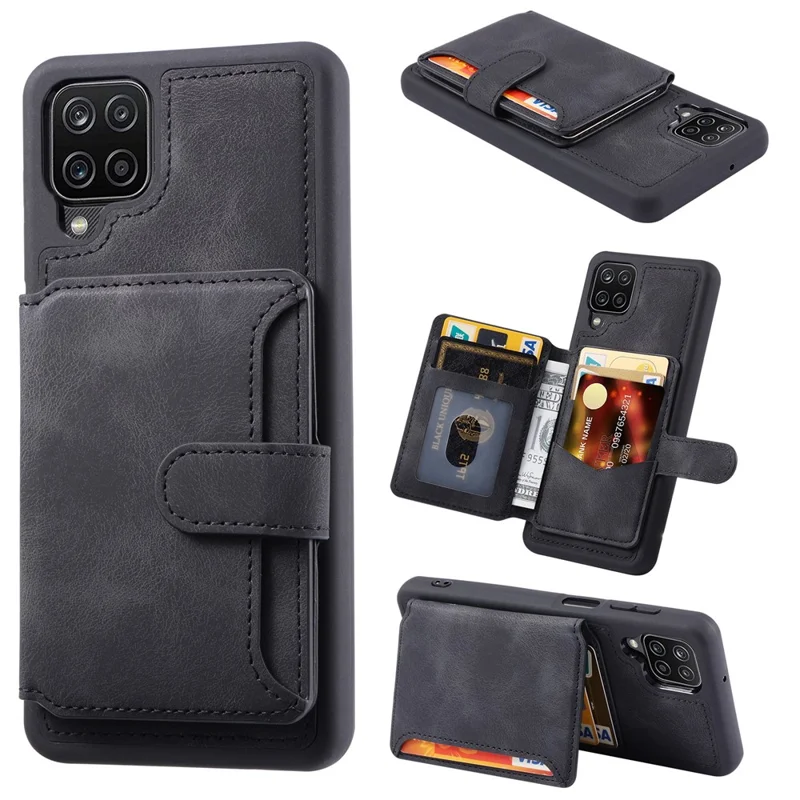 For Samsung Galaxy A12 / M12 RFID Blocking Phone Case Leather Coated TPU Cover with Kickstand Wallet - Black