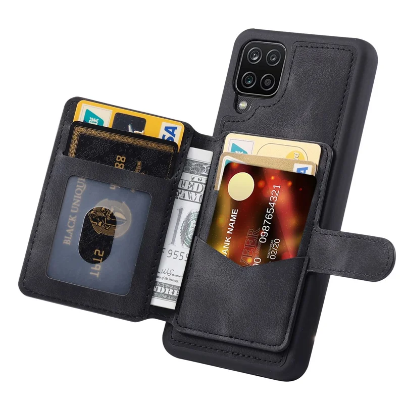 For Samsung Galaxy A12 / M12 RFID Blocking Phone Case Leather Coated TPU Cover with Kickstand Wallet - Black