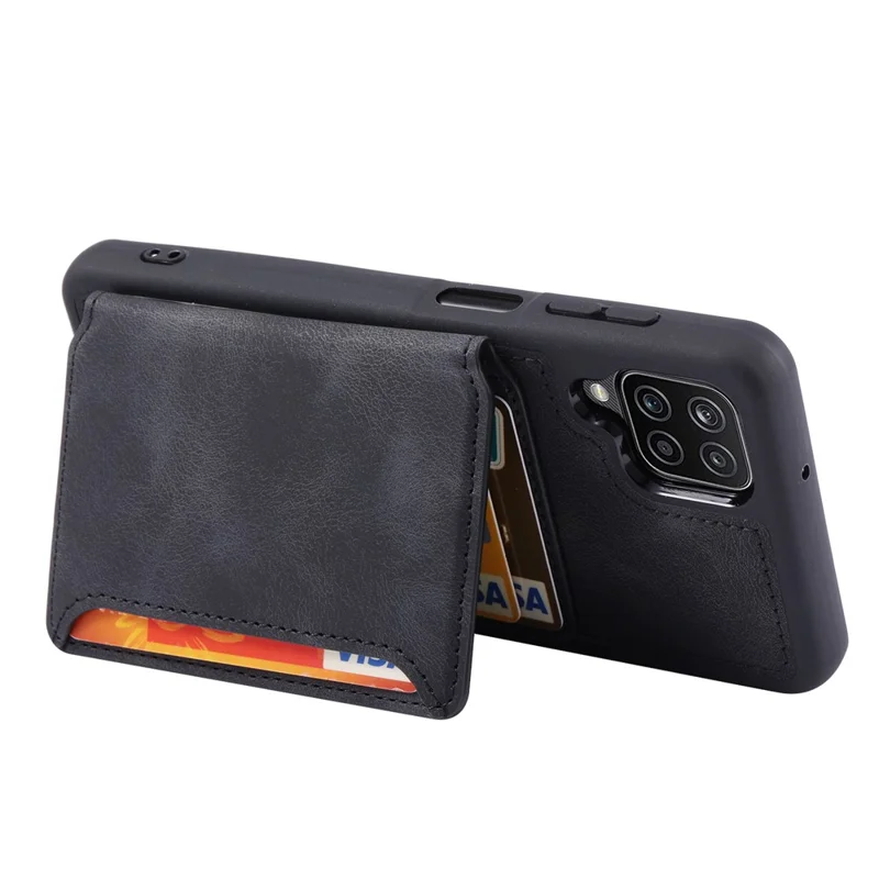 For Samsung Galaxy A12 / M12 RFID Blocking Phone Case Leather Coated TPU Cover with Kickstand Wallet - Black