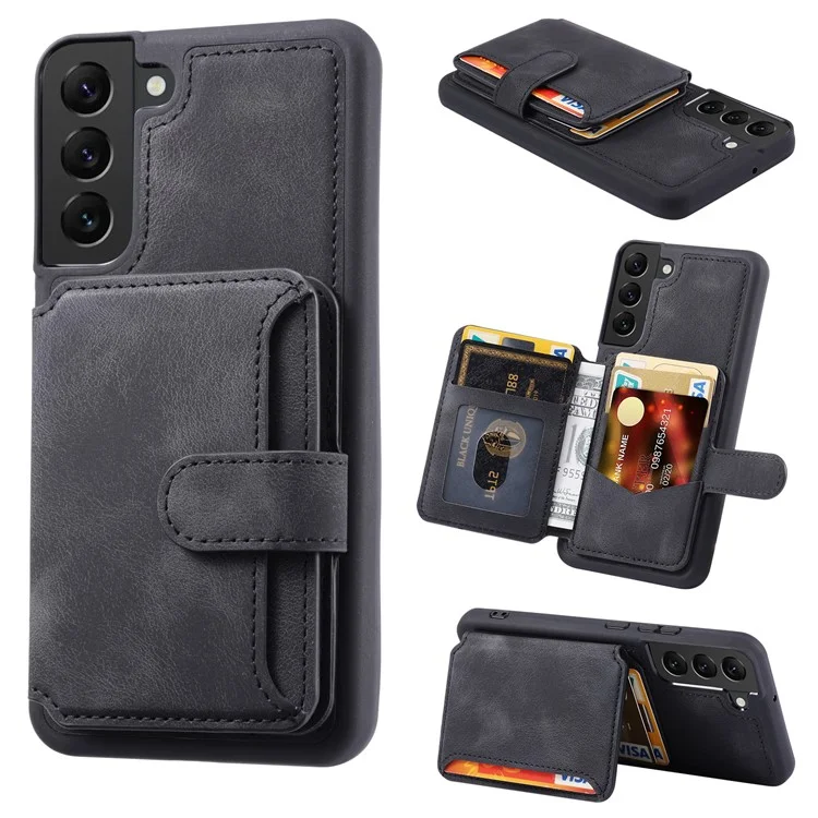 Para Samsung Galaxy S23 RFID Blocking Wallet Phone Case Leather Coated TPU Phone Cover with Kickstand - Preto