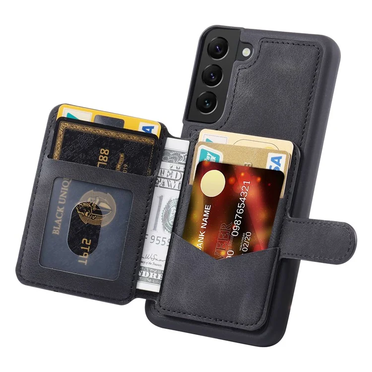 Para Samsung Galaxy S23 RFID Blocking Wallet Phone Case Leather Coated TPU Phone Cover with Kickstand - Preto