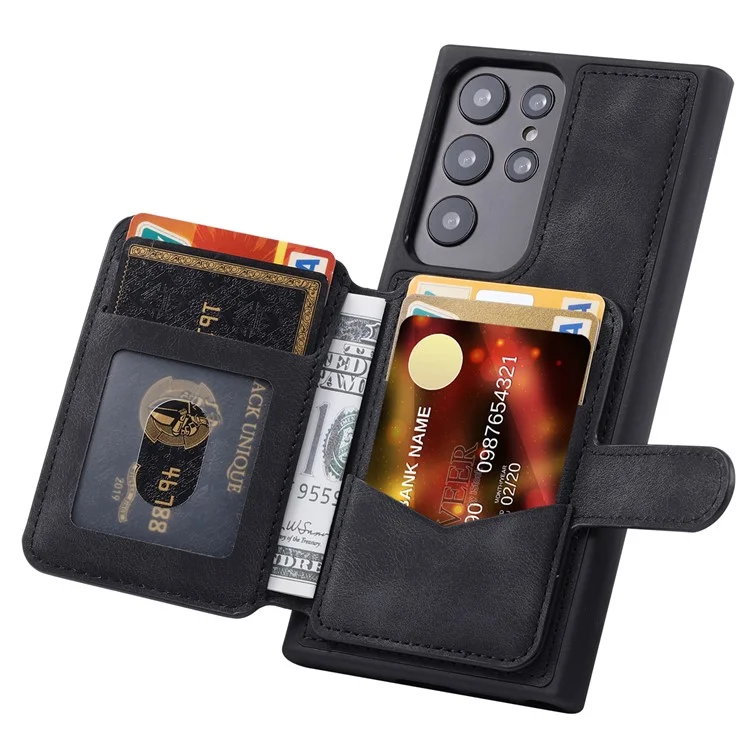 Per Samsung Galaxy S22 Ultra 5G RFID Blocking Wallet Phone Cover Kickstand Leather Coated TPU Case - Nero