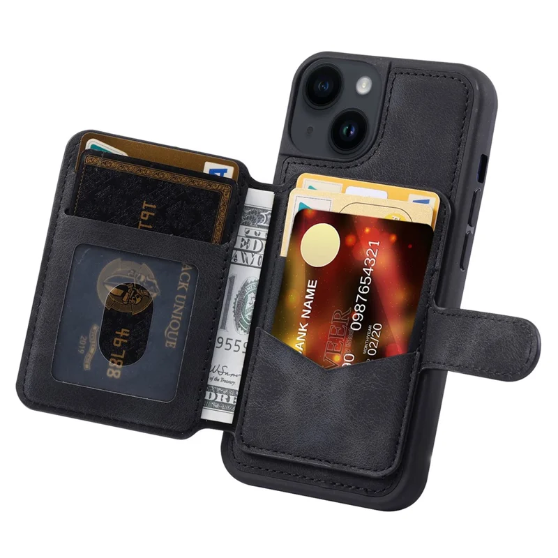 RFID Blocking Phone Case for iPhone 13 , Wallet Kickstand Leather Coated TPU Back Cover - Black