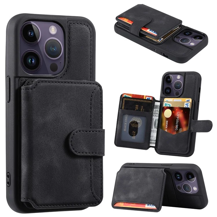 Para iPhone 13 Pro RFID Blocking Phone Case Leather Coated TPU Cover with Wallet Kickstand - Preto