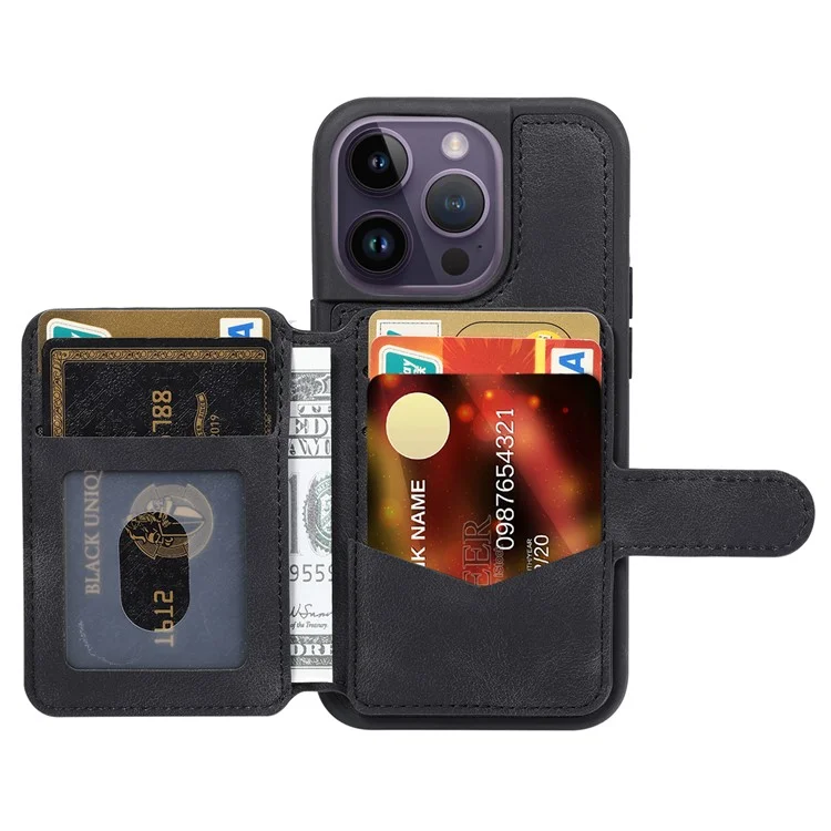 Para iPhone 13 Pro RFID Blocking Phone Case Leather Coated TPU Cover with Wallet Kickstand - Preto