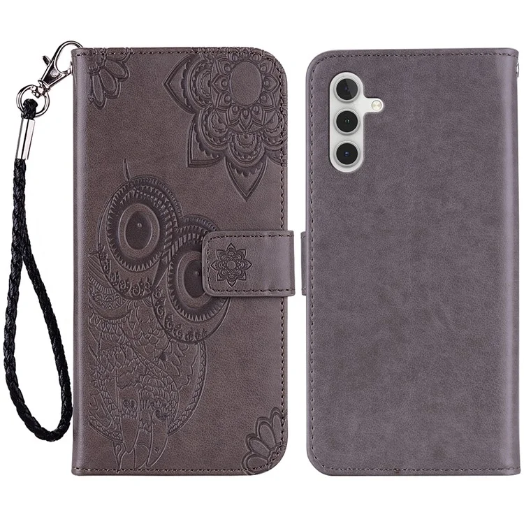 For Samsung Galaxy A34 5G Leather Phone Case Stand Wallet Imprinted Owl Flower Pattern Cell Phone Cover - Grey