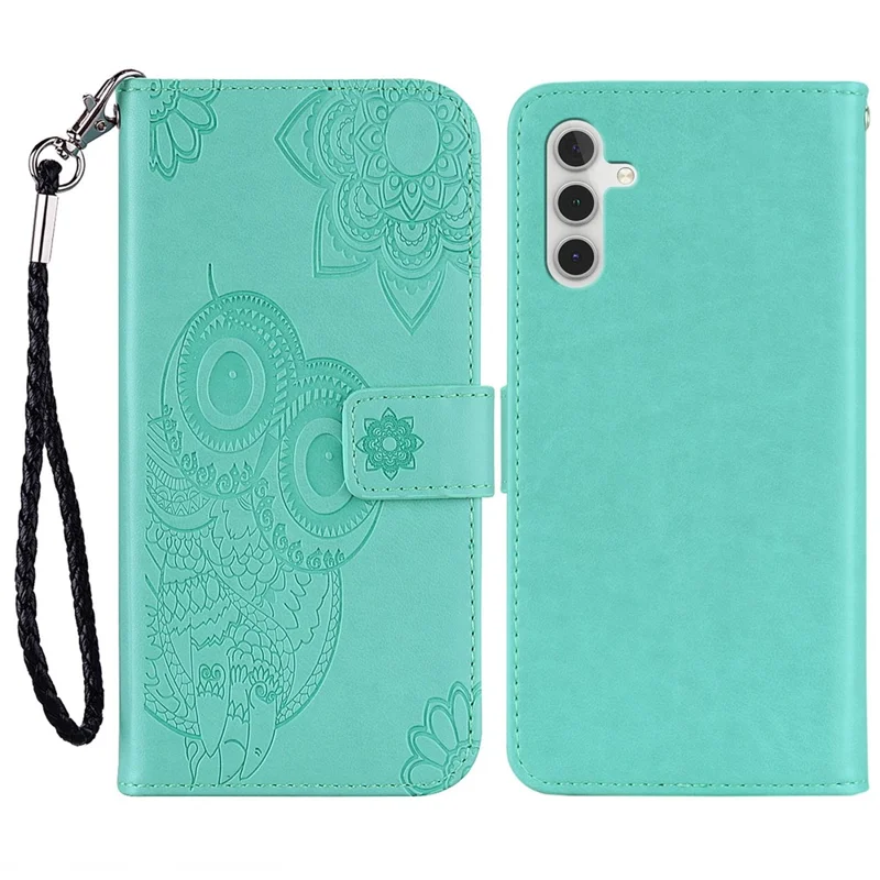 For Samsung Galaxy A34 5G Leather Phone Case Stand Wallet Imprinted Owl Flower Pattern Cell Phone Cover - Cyan