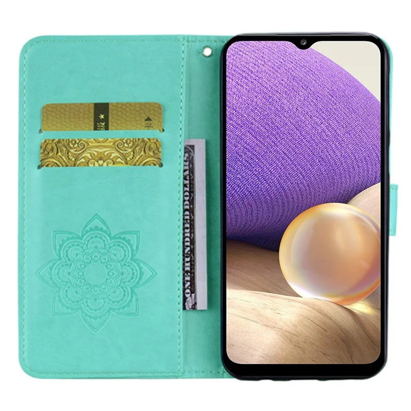 For Samsung Galaxy A34 5G Leather Phone Case Stand Wallet Imprinted Owl Flower Pattern Cell Phone Cover - Cyan