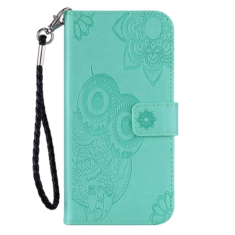 For Samsung Galaxy A34 5G Leather Phone Case Stand Wallet Imprinted Owl Flower Pattern Cell Phone Cover - Cyan