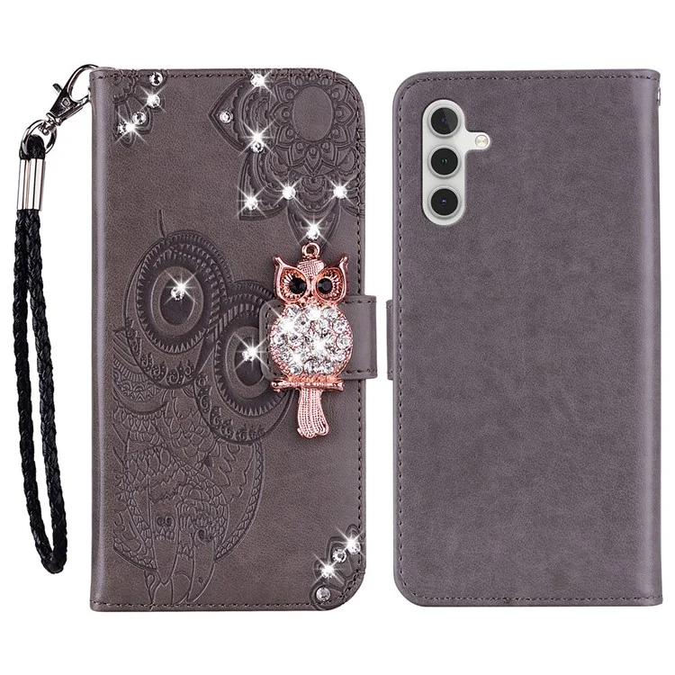 Для Samsung Galaxy A54 5G Rhinestone Phone Cover Imprinted Owl Flower Leather Case with Stand Wallet - Grey