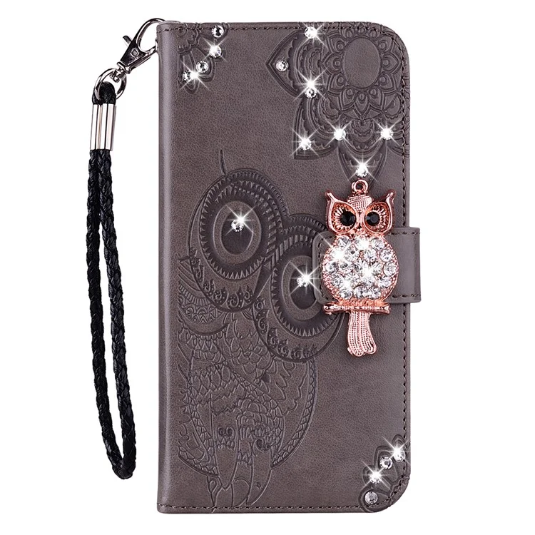 Для Samsung Galaxy A54 5G Rhinestone Phone Cover Imprinted Owl Flower Leather Case with Stand Wallet - Grey