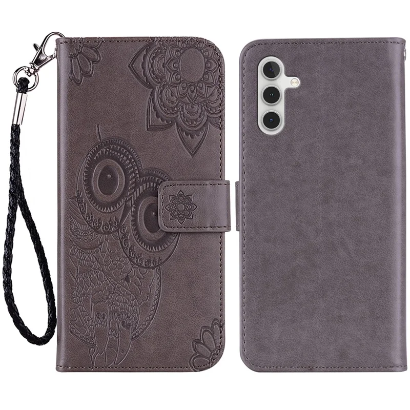 For Samsung Galaxy A24 4G (162.1 x 77.6 x 8.3mm) PU Leather Phone Cover Imprinted Owl Flower Phone Case with Wallet Stand - Grey
