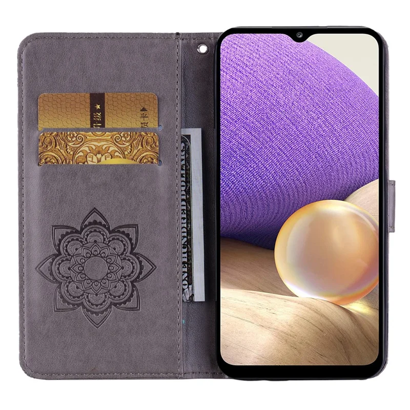 For Samsung Galaxy A24 4G (162.1 x 77.6 x 8.3mm) PU Leather Phone Cover Imprinted Owl Flower Phone Case with Wallet Stand - Grey