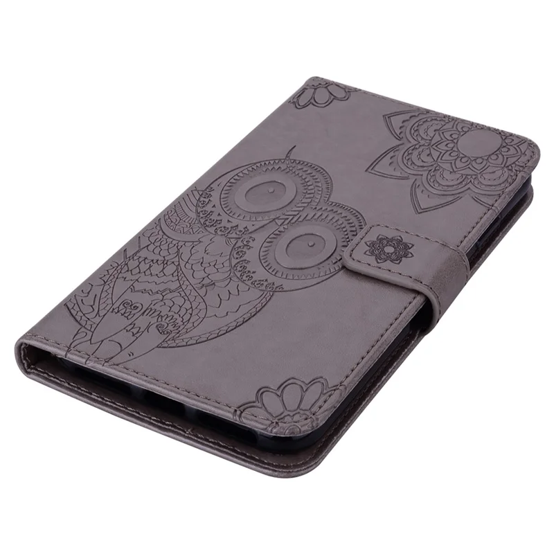 For Samsung Galaxy A24 4G (162.1 x 77.6 x 8.3mm) PU Leather Phone Cover Imprinted Owl Flower Phone Case with Wallet Stand - Grey