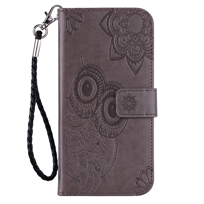 For Samsung Galaxy A24 4G (162.1 x 77.6 x 8.3mm) PU Leather Phone Cover Imprinted Owl Flower Phone Case with Wallet Stand - Grey