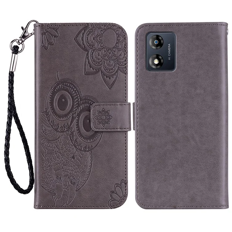 Para Motorola Moto E13 4G PU Leather Stand Cover Imprinted Owl Flower Flip Wallet Phone Case - Gris