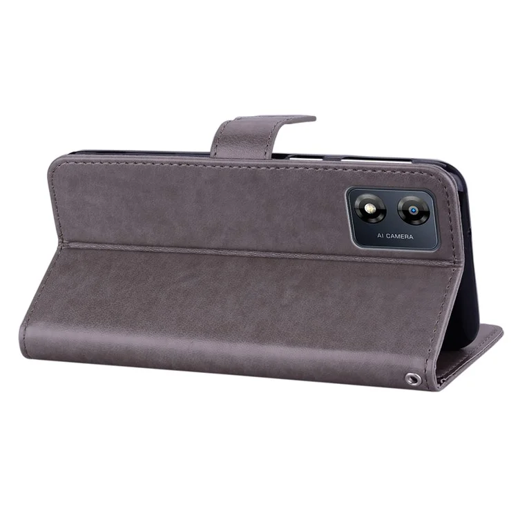 Para Motorola Moto E13 4G PU Leather Stand Cover Imprinted Owl Flower Flip Wallet Phone Case - Gris