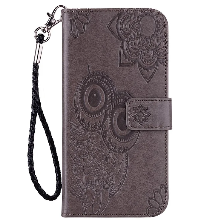 Para Motorola Moto E13 4G PU Leather Stand Cover Imprinted Owl Flower Flip Wallet Phone Case - Gris