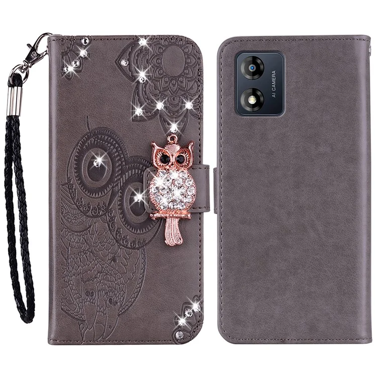 Para Motorola Moto E13 4G Glitter Rhinestone Capa de couro PU Impressão de coruja Flor Stand Carteira Capa de telefone - Cinza