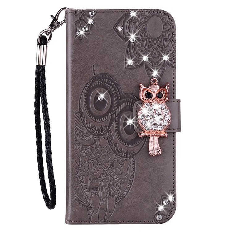 Para Motorola Moto E13 4G Glitter Rhinestone Capa de couro PU Impressão de coruja Flor Stand Carteira Capa de telefone - Cinza