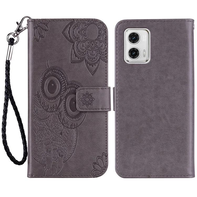 Für Motorola Moto G13 4G / G23 4G / G53 5G PU-Leder-Handyhülle mit geprägtem Eule-Blumen-Muster - Flip-Ständer-Hülle - Grau