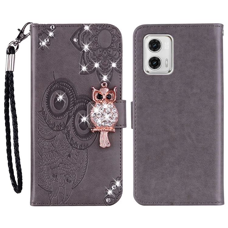 Для Motorola Moto G13 4G / G23 4G / G53 5G Rhinestone Imprinted Owl Flower Phone Case PU Leather Stand Flip Folio Wallet Cover - Grey