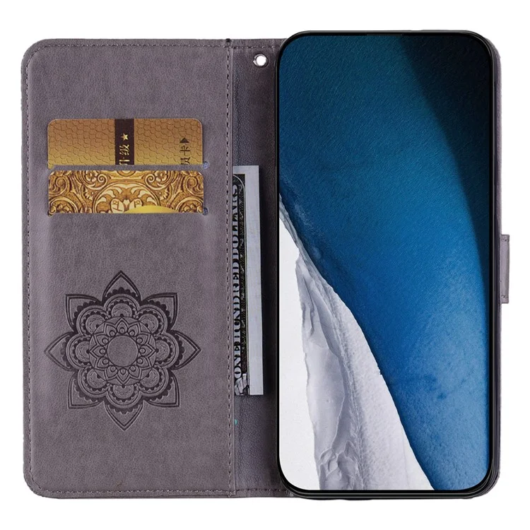 Для Motorola Moto G13 4G / G23 4G / G53 5G Rhinestone Imprinted Owl Flower Phone Case PU Leather Stand Flip Folio Wallet Cover - Grey