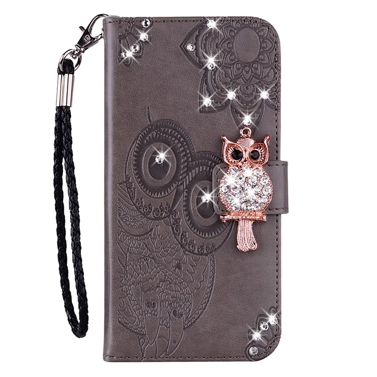 Для Motorola Moto G13 4G / G23 4G / G53 5G Rhinestone Imprinted Owl Flower Phone Case PU Leather Stand Flip Folio Wallet Cover - Grey