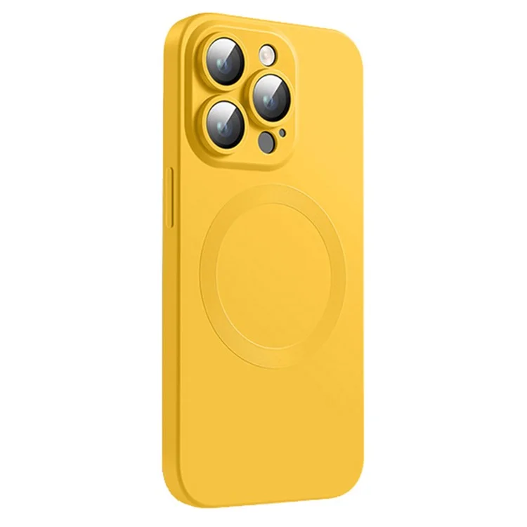 For iPhone 14 Pro Liquid Silicone Phone Case Compatible with MagSafe, Tempered Glass Lens Protector Cover - Yellow