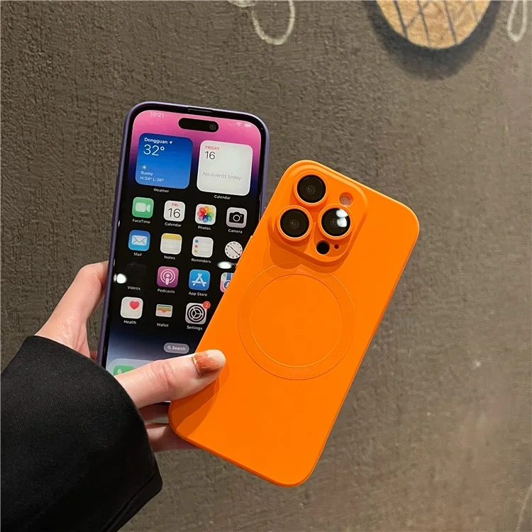 For iPhone 14 Pro Liquid Silicone Phone Case Compatible with MagSafe, Tempered Glass Lens Protector Cover - Yellow