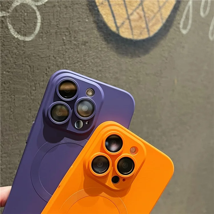 For iPhone 14 Pro Liquid Silicone Phone Case Compatible with MagSafe, Tempered Glass Lens Protector Cover - Yellow
