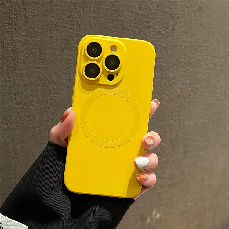 For iPhone 14 Pro Liquid Silicone Phone Case Compatible with MagSafe, Tempered Glass Lens Protector Cover - Yellow