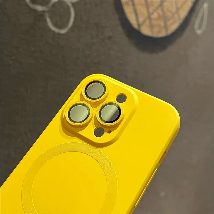 For iPhone 14 Pro Liquid Silicone Phone Case Compatible with MagSafe, Tempered Glass Lens Protector Cover - Yellow