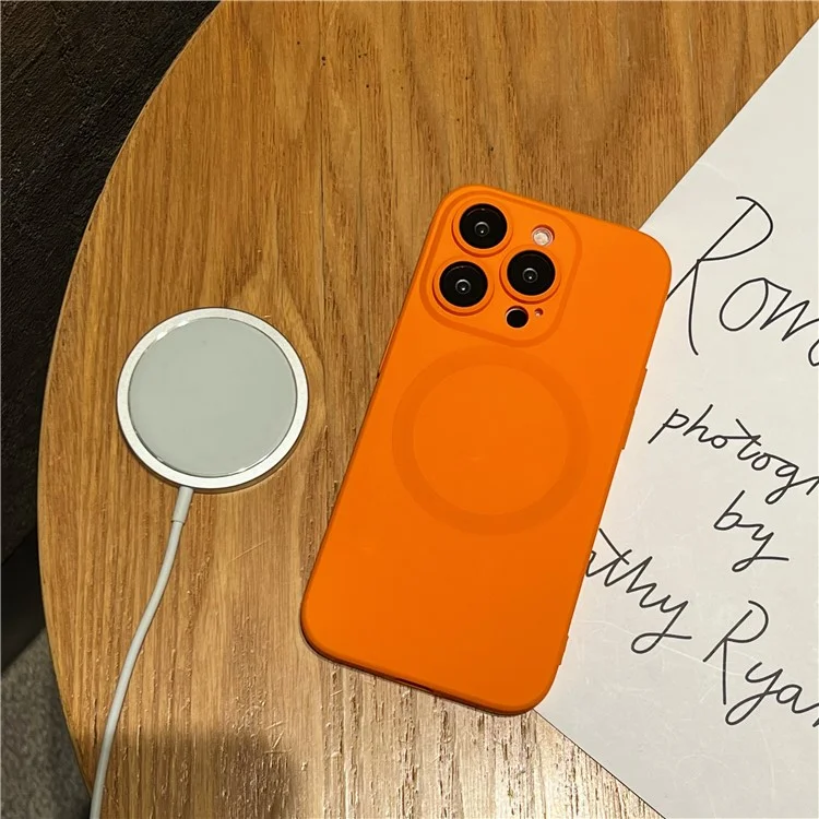 For iPhone 14 Pro Liquid Silicone Phone Case Compatible with MagSafe, Tempered Glass Lens Protector Cover - Yellow