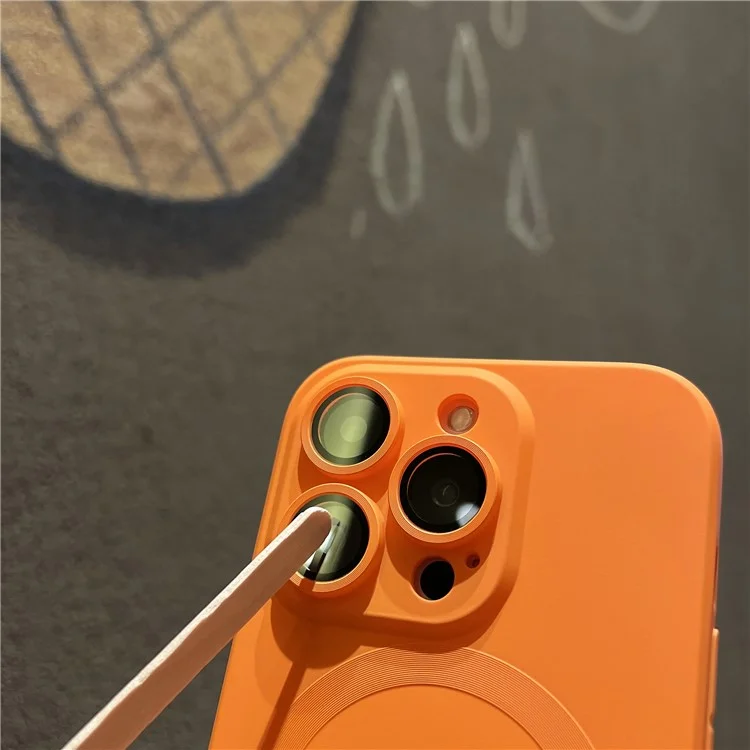 For iPhone 14 Pro Liquid Silicone Phone Case Compatible with MagSafe, Tempered Glass Lens Protector Cover - Yellow