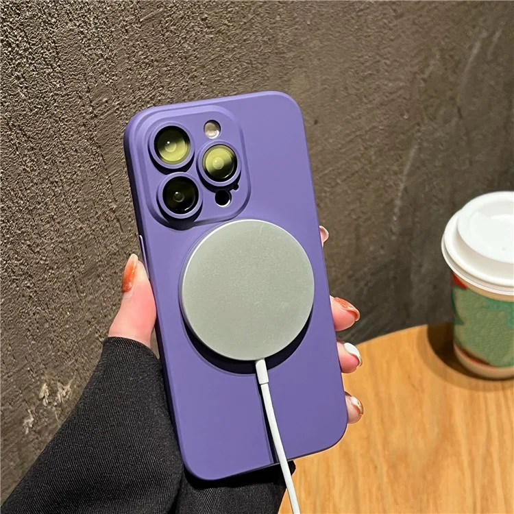 For iPhone 14 Pro Liquid Silicone Phone Case Compatible with MagSafe, Tempered Glass Lens Protector Cover - Yellow
