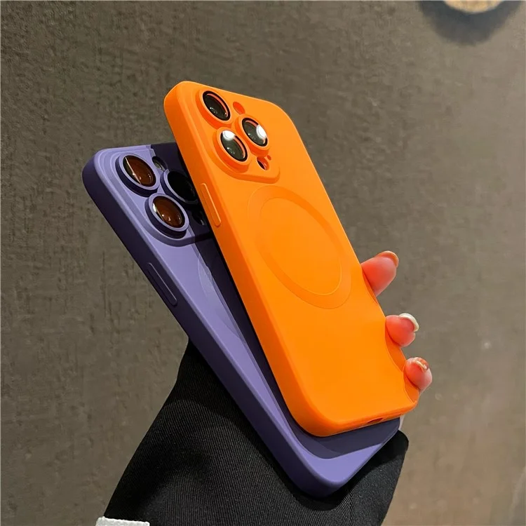 For iPhone 14 Pro Liquid Silicone Phone Case Compatible with MagSafe, Tempered Glass Lens Protector Cover - Yellow