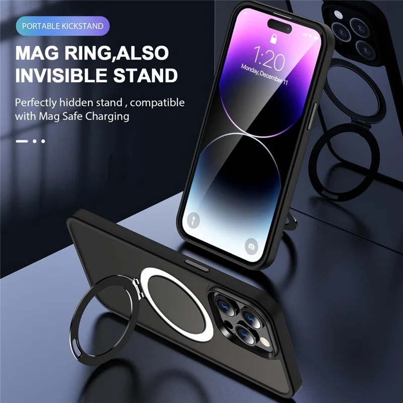 For iPhone 14 Pro Magnetic Phone Case Compatible with MagSafe PC+TPU Ring Kickstand Protective Cover - Black