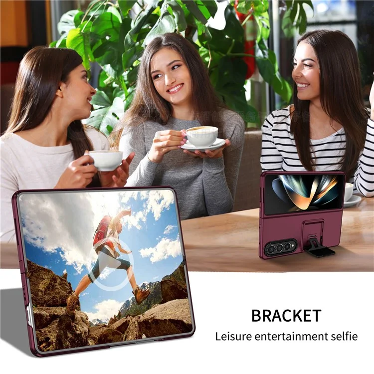 For Samsung Galaxy Z Fold4 5G Case Anti-Scratch Phone Cover Hard PC Case with Kickstand - Wine Red