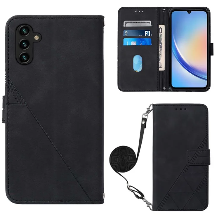 For Samsung Galaxy A34 5G Leather Case with Shoulder Strap Wallet Stand Phone Cover - Black