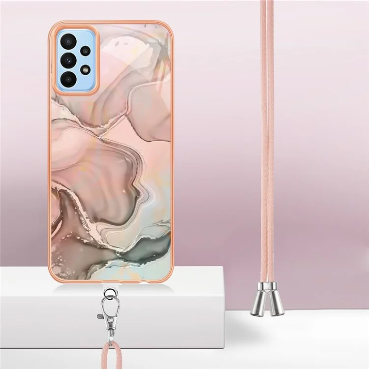 Série YB IMD-18 Style E pour Samsung Galaxy A52 4G / 5G / A52s 5G Étui de téléphone IMD 2.0 mm Coque à motif marbre électroplaqué avec dragonne - Rose